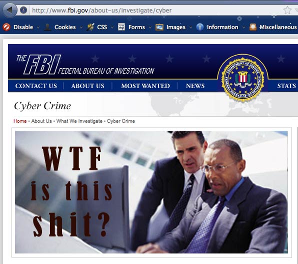 Screencap of FBI cybercrime website showing agents looking at a computer screen, captioned WTF is this shit.