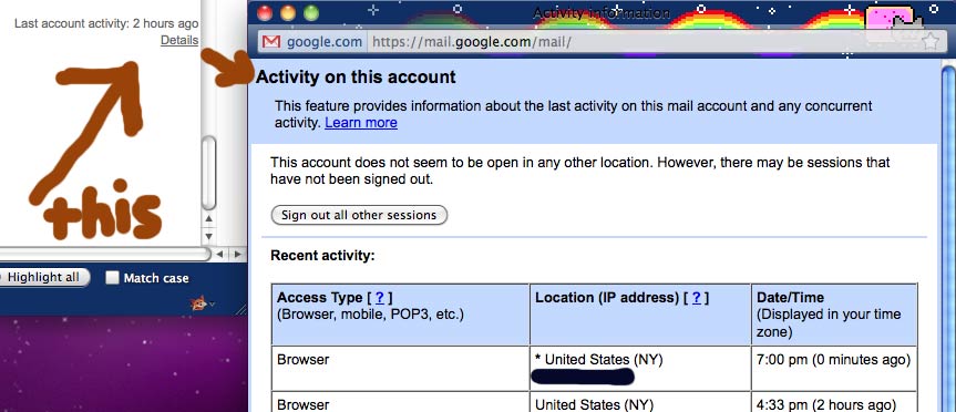 Screencap showing Gmail last account activity